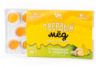 Карамель медовая «Твердый мед» с лимоном и имбирем, HoneyWay