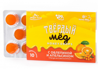 Карамель медовая «Твердый мед» с облепихой и апельсином, HoneyWay